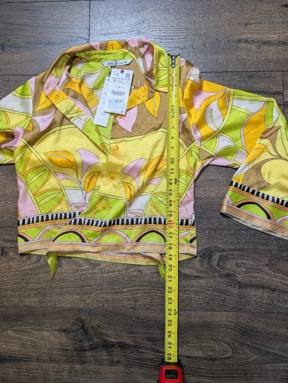 Zara Tie-Front Button Down Shirt in Yellow, Green, Pink Brown Size Medium New
